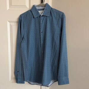 Slim Fit Blue Printed Long-Sleeve Dress Shirt